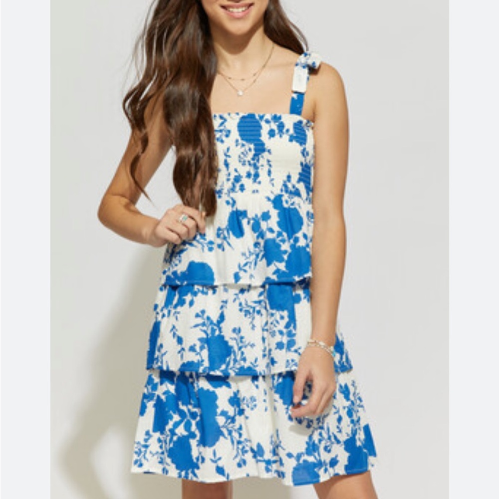 Franki by Francesca's girls smocked and tiered blue and white dress